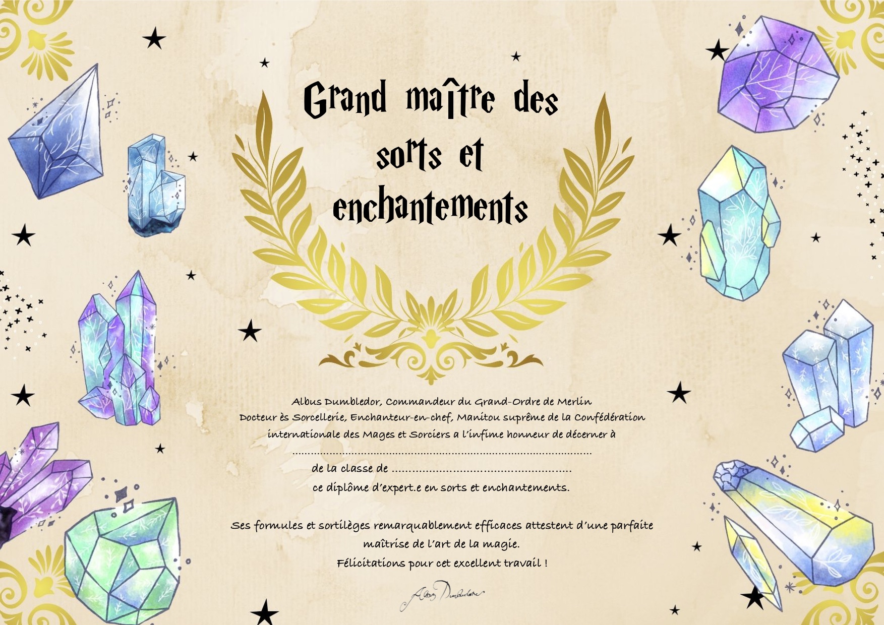 diplômes Harry Potter sorts-et-enchantements - La Bande à Baudelaire